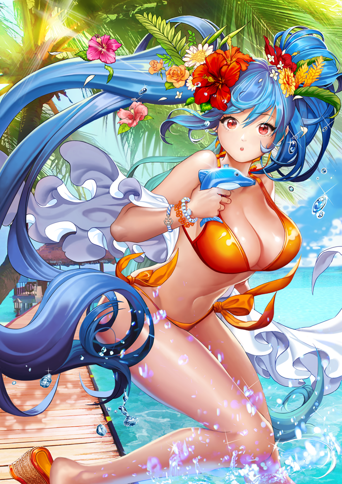 1girl, bikini, blue_hair, bracelet, breasts, cleavage, collarbone, cowboy_shot
