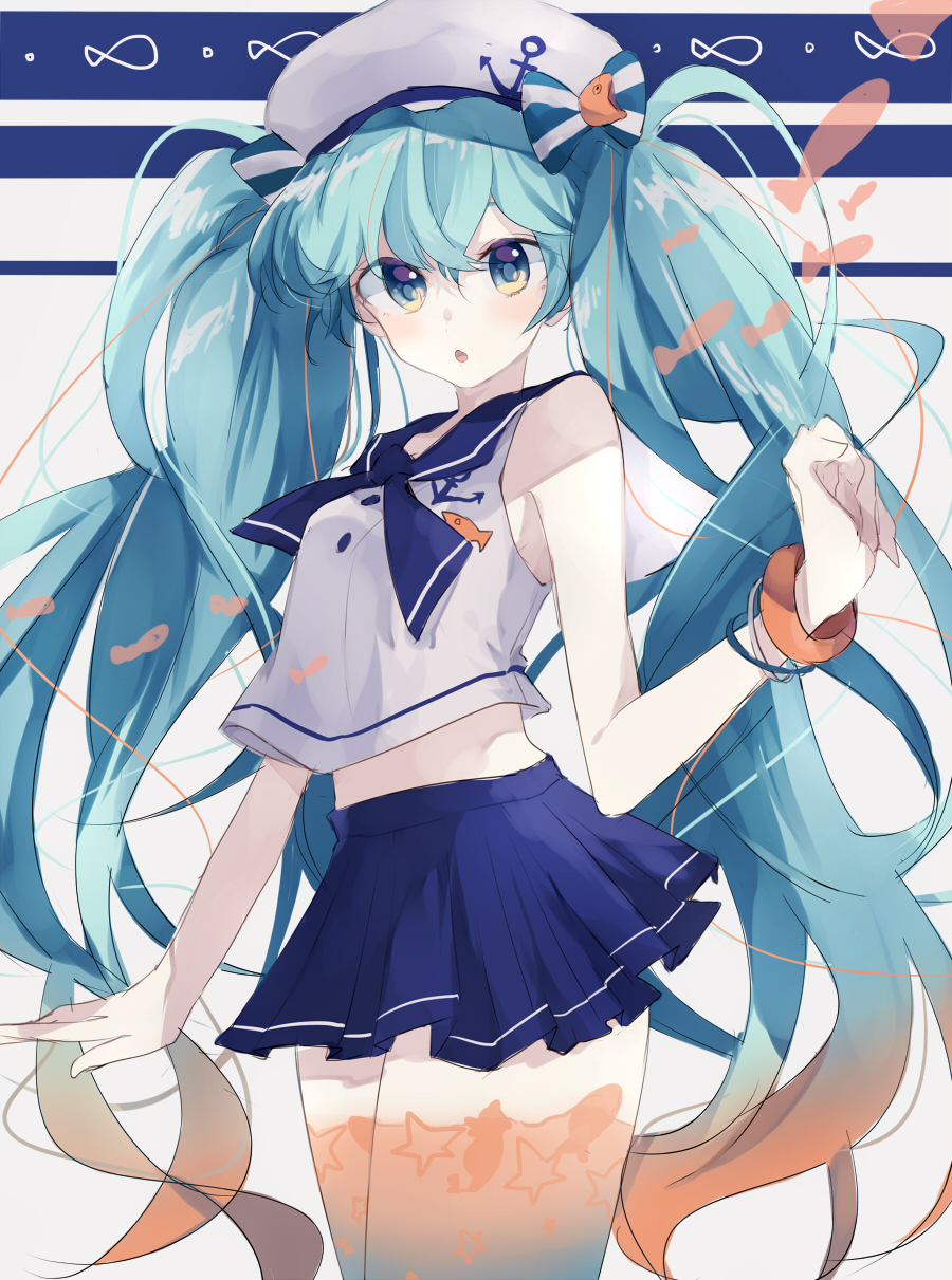 1girl, aqua_hair, bracelet, hat, hatsune_miku, highres, jewelry, kako_(kaxko), long_hair, midriff, open_mouth, school_uniform, serafuku, skirt, solo, twintails, very_long_hair, vocaloid