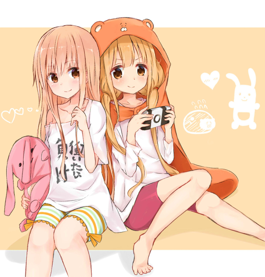 2girls, animal_costume, blonde_hair, brown_eyes, chicking, cosplay, costume_switch, crossover