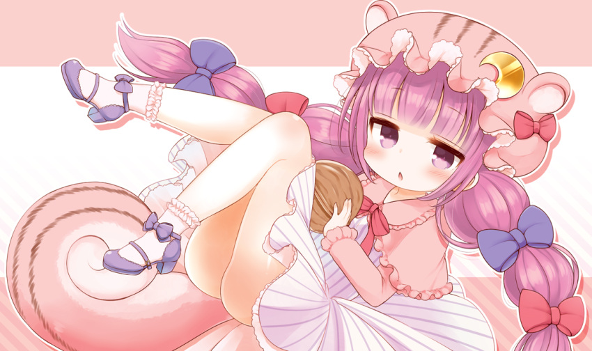 1girl, animal_hat, bangs, blunt_bangs, bow, chipmunk_ears, chipmunk_tail, commentary_request, crescent, dress, hair_bow, hat, high_heels, legs_up, long_hair, lying, marshmallow_mille, mob_cap, on_back, patchouli_knowledge, purple_hair, socks, solo, tail, touhou, violet_eyes, walnut_(food)