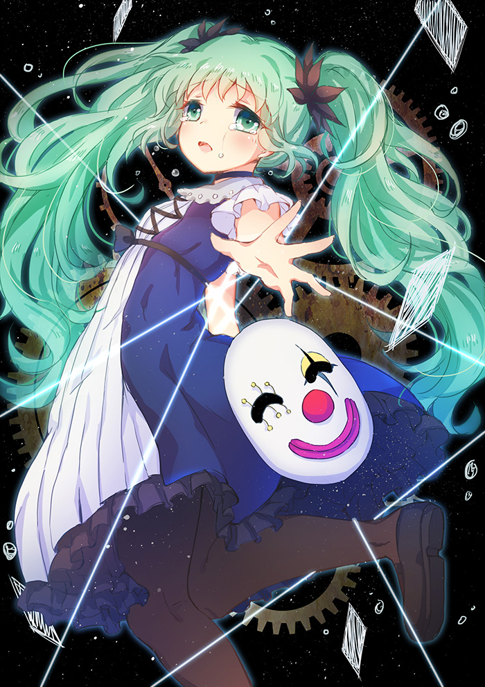 1girl, aqua_eyes, aqua_hair, black_legwear, clown_mask, crying, dress, emia_wang