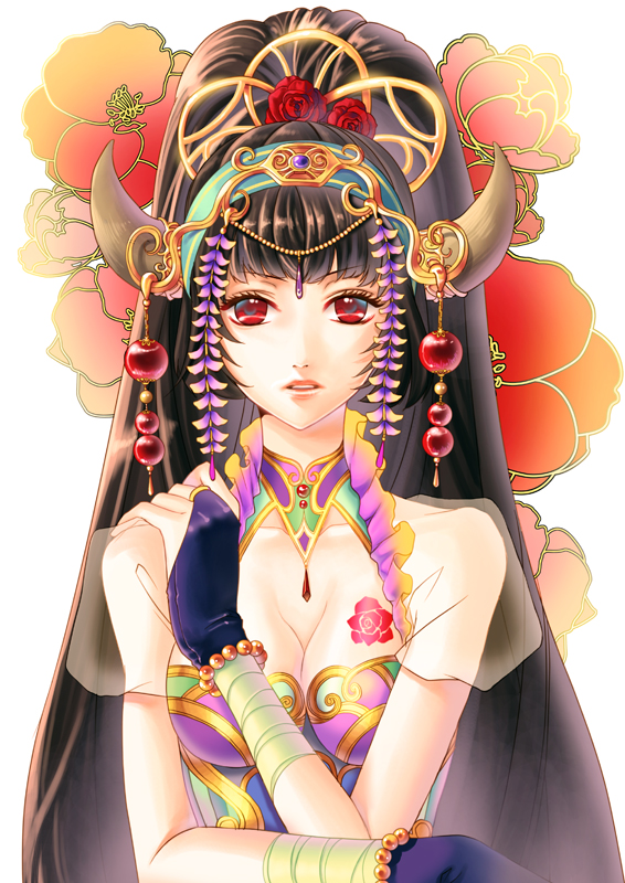 bracelet, braclet, brown_hair, camellia_(flower), flower, gloves, hair_ornament, horns