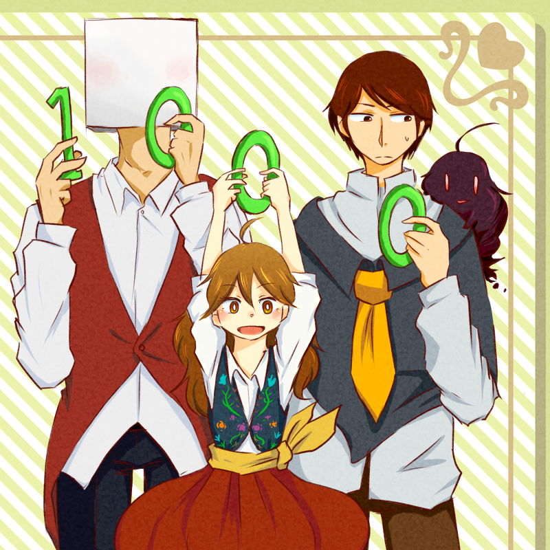 1girl, 2boys, ahoge, bangs, blush, brown_eyes, brown_hair, collared_shirt, holding, long_hair, looking_at_viewer, maria_(shiro_wa_kono_mahoutsukai), multiple_boys, official_art, ohaco, open_mouth, payot, shiro_wa_kono_mahoutsukai, shirt, sinononn, sweatdrop, yohan_(shiro_wa_kono_mahoutsukai)