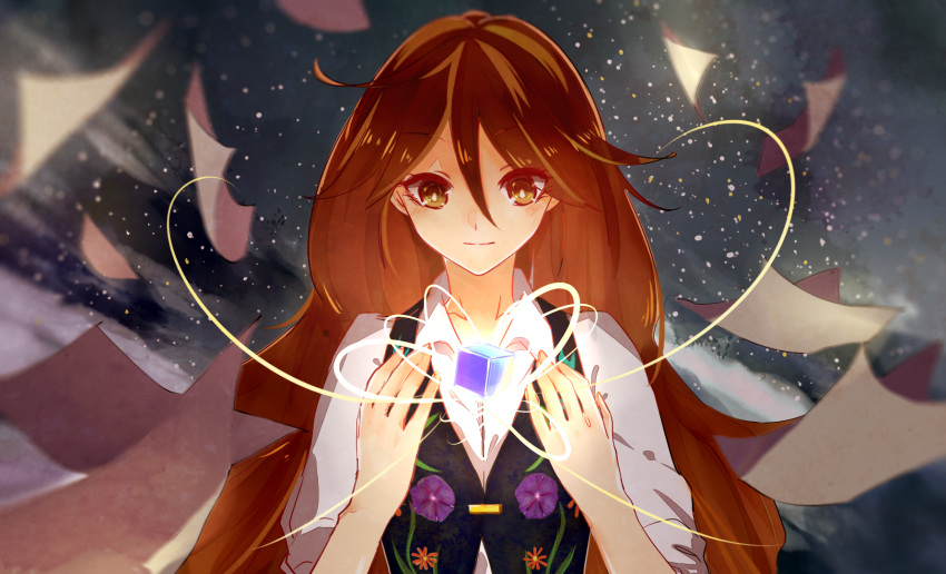 1girl, ahoge, artist_request, bangs, blush, brown_eyes, brown_hair, collarbone, commentary_request, cube, highres, long_hair, maria_(shiro_wa_kono_mahoutsukai), messy_hair, paper, payot, shiro_wa_kono_mahoutsukai, smile, solo