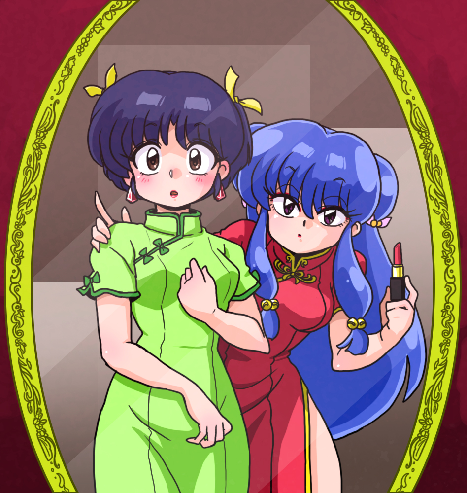 2girls, alternate_costume, blue_hair, blush, brown_eyes, china_dress, chinese_clothes, cowboy_shot