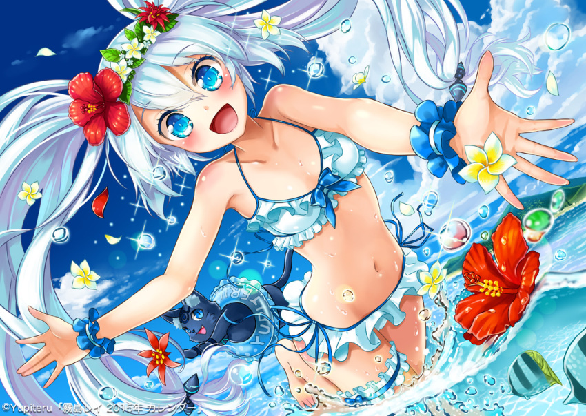 1girl, bikini, blue_eyes, blue_hair, cat, dutch_angle, flower, hair_flower, hair_ornament, hibiscus, innertube, kanipanda, kirishima_lei, long_hair, original, splashing, swimsuit, twintails