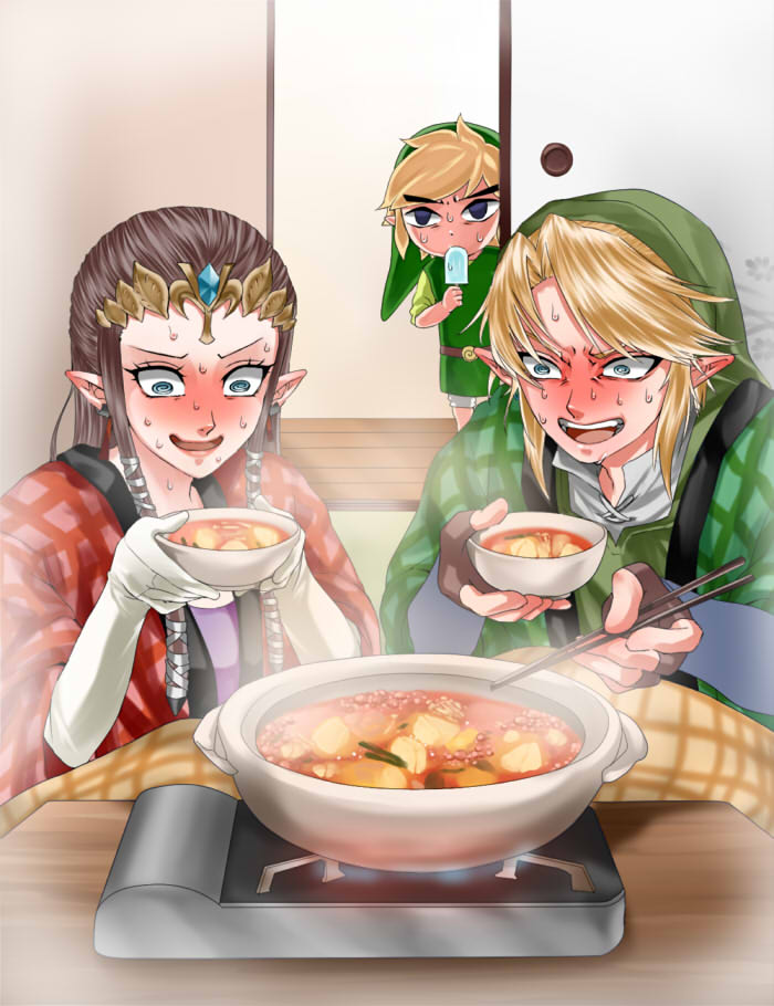 1girl, 2boys, blanket, blue_eyes, blush, bowl, chopsticks, constricted_pupils