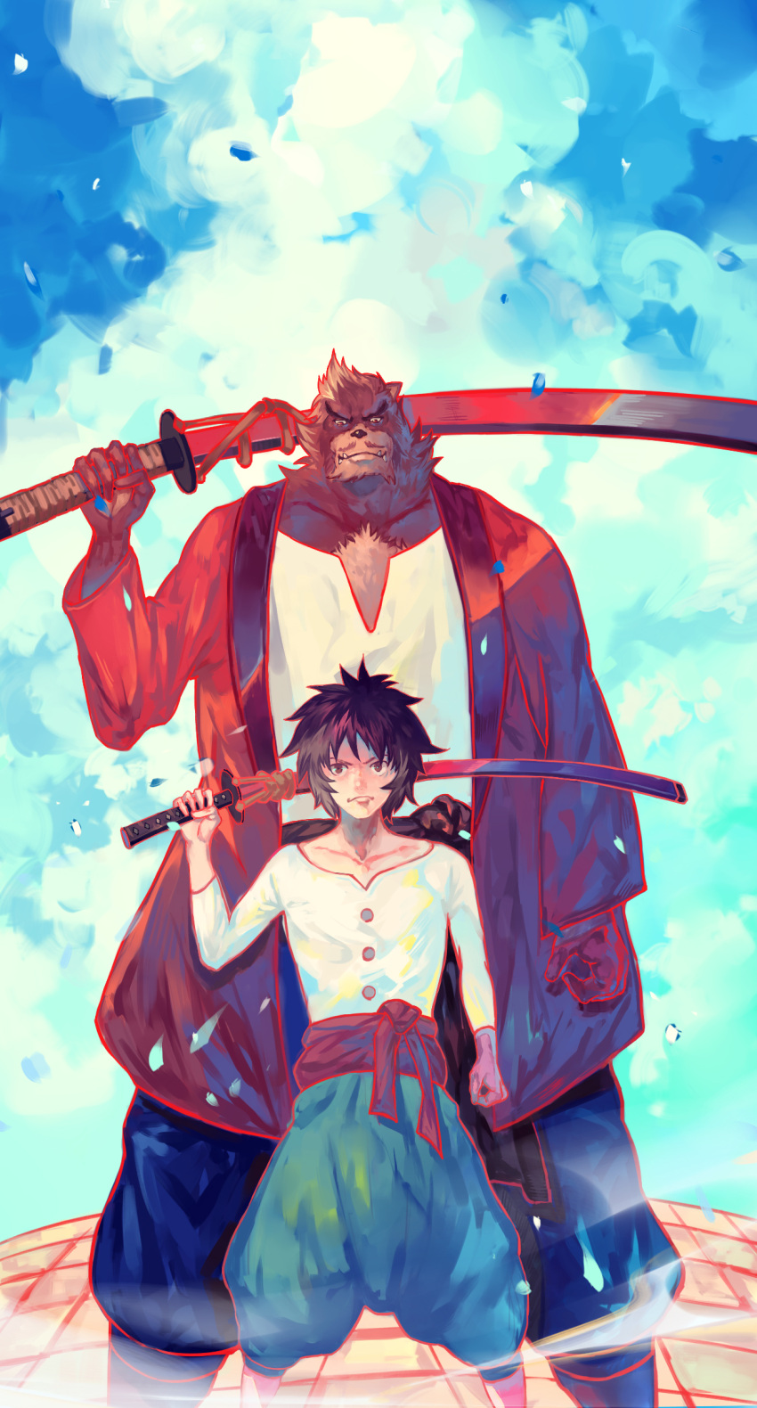 1boy, absurdres, artist_name, bakemono_no_ko, brown_eyes, brown_hair, chiko_(bakemono_no_ko), highres, katana, kyuuta_(bakemono_no_ko), sword, weapon