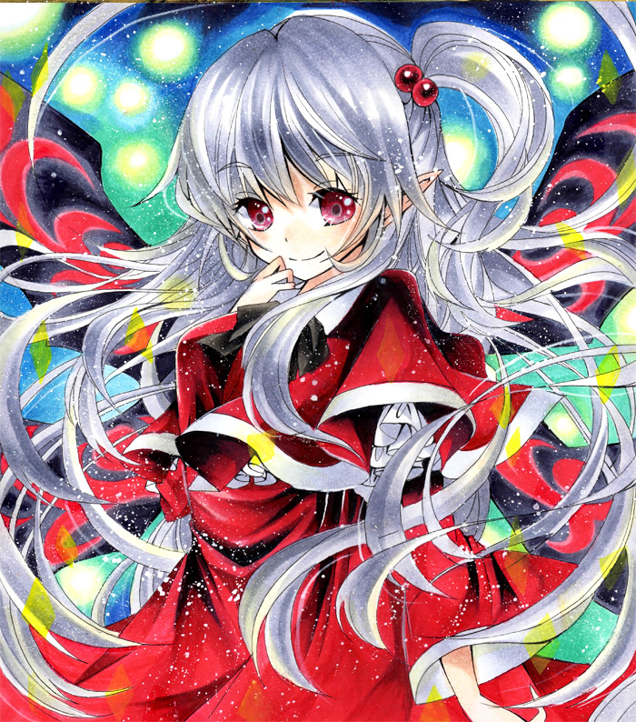 1girl, capelet, danmaku, demon_wings, dress, hair_bobbles, hair_ornament, long_hair