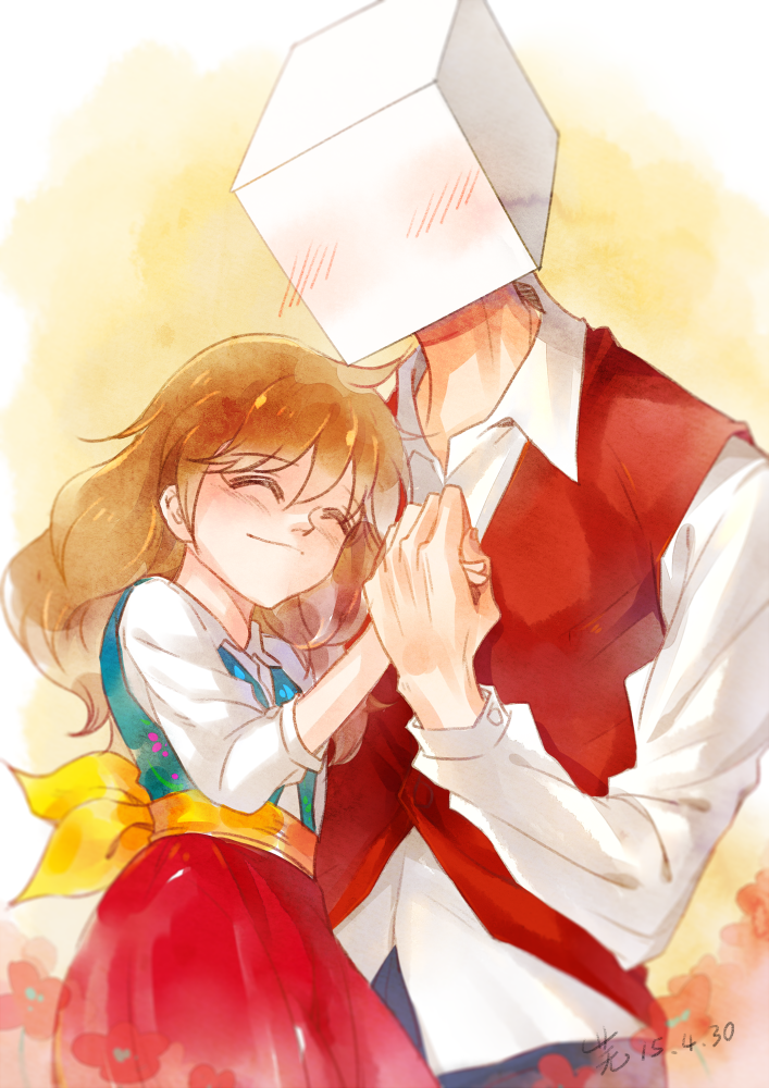 1girl, ahoge, artist_name, bangs, blush, brown_hair, collared_shirt, commentary_request