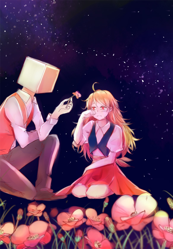 1boy, 1girl, ahoge, bangs, blonde_hair, blush, collared_shirt, flower