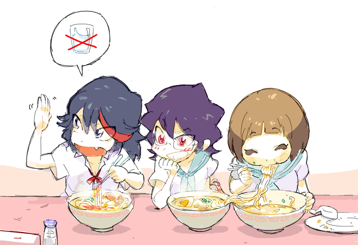 3girls, blue_eyes, blue_hair, bowl, brown_hair, chopsticks, drinking_glass, eating