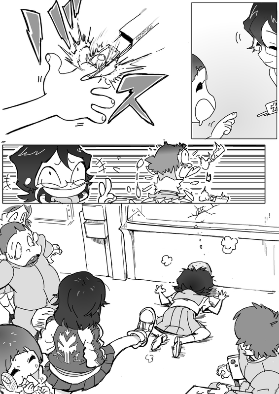 3girls, :d, comic, crossed_fingers, flailing, glasses, gyosone, head_bump