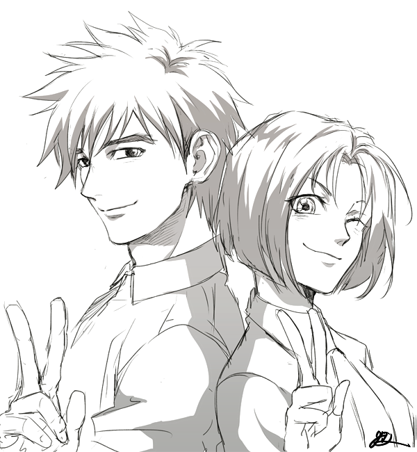 1boy, 1girl, oui_lion, police, police_uniform, short_hair, sketch, toukairin_shouji