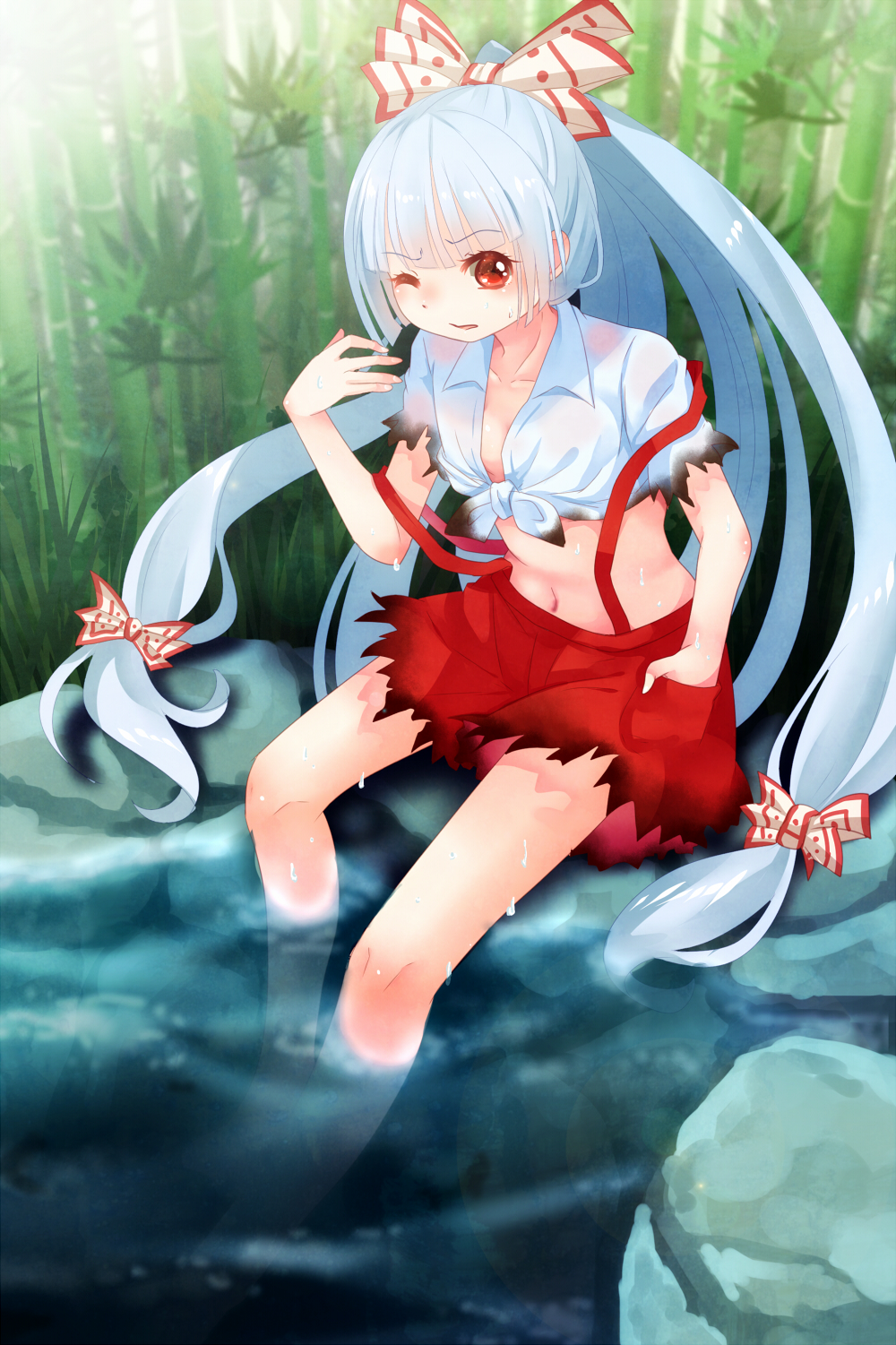 1girl, bamboo, burnt_clothes, eyelashes, fujiwara_no_mokou, hair_ribbon, high_ponytail, highres, long_hair, pants, red_eyes, red_pants, ribbon, rock, sakuyabm, sitting, soaking_feet, torn_clothes, torn_pants, touhou, tress_ribbon, very_long_hair, wet, wince