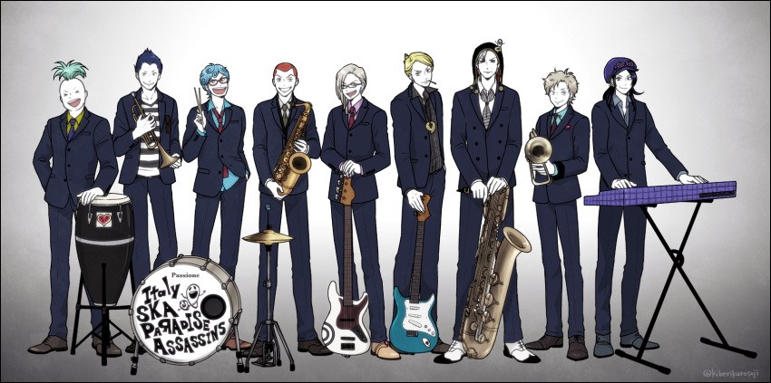 >_<, :d, black_hair, blonde_hair, blue_hair, cigarette, drum, drum_set