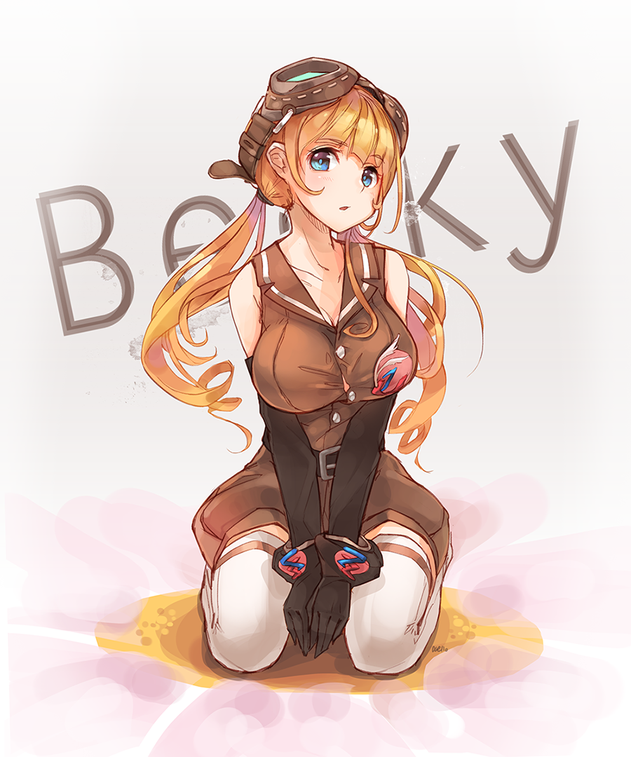 1girl, :o, belt, between_legs, black_gloves, blonde_hair, blue_eyes, blush, breasts, cleavage, collarbone, dungeon_and_fighter, gloves, goggles, goggles_on_head, large_breasts, long_hair, looking_at_viewer, mechanic_(dungeon_and_fighter), nellen, sitting, solo, thigh-highs, twintails, white_legwear, zettai_ryouiki