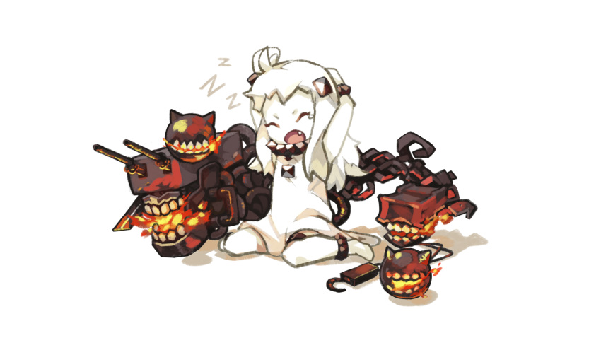 1girl, ahoge, anklet, arms_up, barefoot, breathing_fire, chain, closed_eyes, fang, fire, guang_li_zi, highres, horns, jewelry, kantai_collection, long_hair, machinery, monster, northern_ocean_hime, open_mouth, shinkaisei-kan, sitting, solo, stretch, tears, turret, wariza, white_hair, yawning, zzz