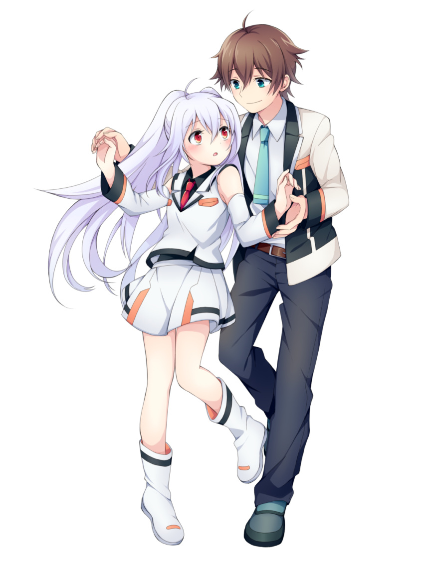 1boy, 1girl, :o, ahoge, belt, blue_eyes, blush, boots, brown_hair, detached_sleeves, full_body, highres, isla_(plastic_memories), light_smile, mizugaki_tsukasa, necktie, plastic_memories, soranagi, twintails, uniform, white_background, white_hair