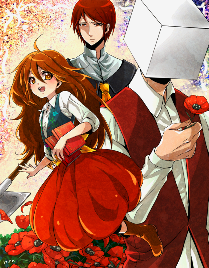 1girl, 2boys, ahoge, bangs, blush, book, boots, brown_eyes
