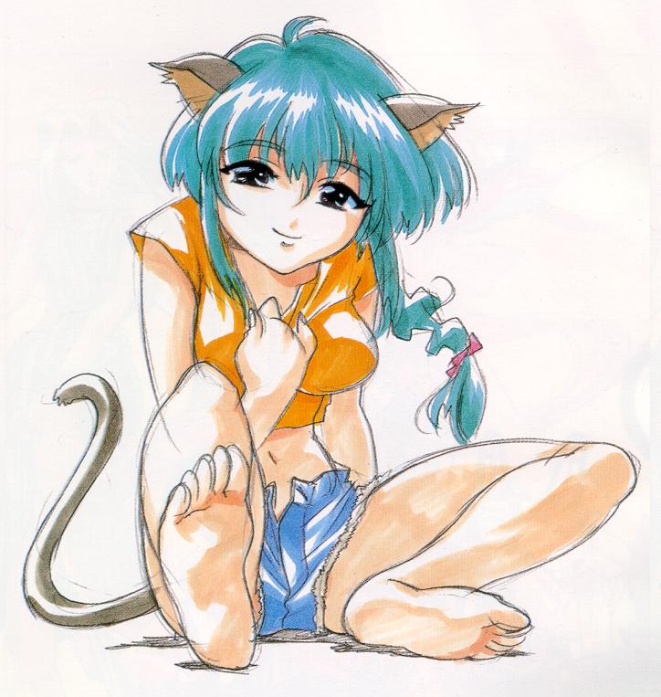 barefeet, blue_shorts, catgirl, green_hair, hyper_police, midriff, natsuki_sasahara, nekomimi