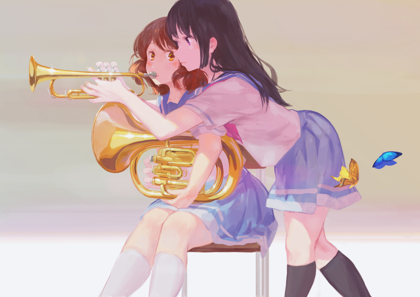 2girls, black_hair, black_legwear, brown_hair, butterfly, chair, euphonium, hibike!_euphonium