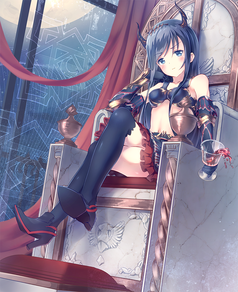 1girl, alc_(ex2_lv), bare_shoulders, black_hair, crossed_legs, demon_horns, drinking_glass, horns