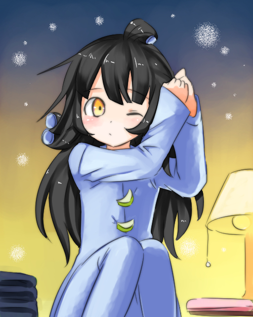 anthropomorphization, black_hair, blush, kantai_collection, long_hair, mikazuki, one_eye_closed, pajamas