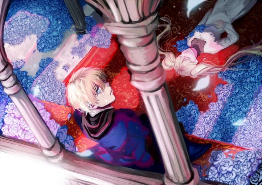 black_(kekkai_sensen), blonde, blue_eyes, blue_flower, brother_and_sister, crying, duo, family