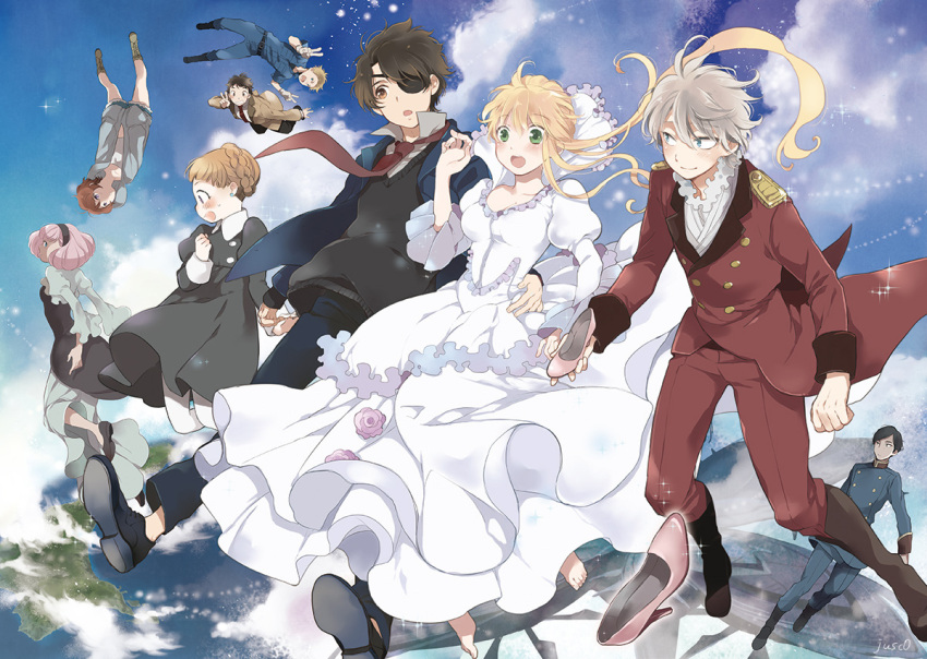 aldnoah_zero, asseylum_vers_allusia, barefoot, black_eyes, black_hair, blonde, blush, braid, brown_hair, calm_craftman, child, dress, eddelrittuo, eyepatch, feet, flower, green_eyes, group, hairband, happy, harklight, high_heels, holding_hands, jewelry, jusc0, kaizuka_inaho, lemrina_vers_envers, mikuni_okisuke, necktie, pantyhose, pink_hair, rayet_areash, shoes, short_hair, shorts, sky, slaine_troyard, smile, surprised, uniform