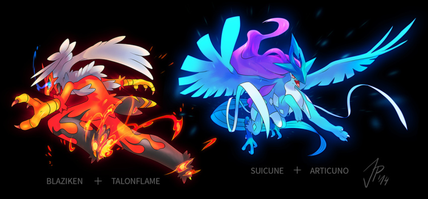 articuno, black_background, blaziken, cat-meff, character_fusion, character_name, dark_background, duo