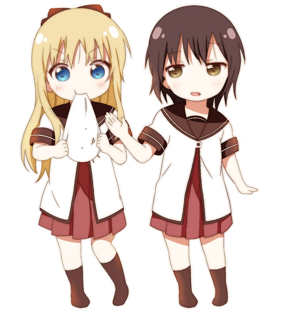 2girls, blonde_hair, blue_eyes, brown_eyes, brown_hair, eating, funami_yui, kuro_neko_(artist)