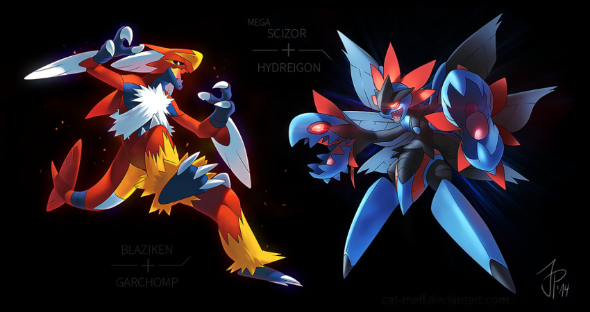 black_background, blaziken, cat-meff, character_fusion, character_name, claws, dark_background, duo