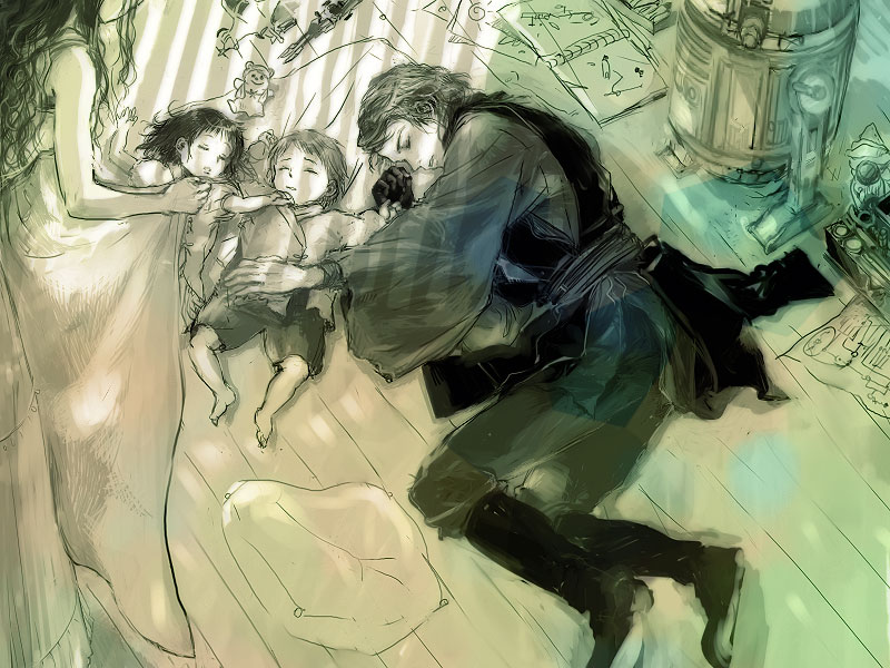 blanket, family, good_end, luke_skywalker, monochrome, ni-co, niko_(silent.whitesnow), on_side