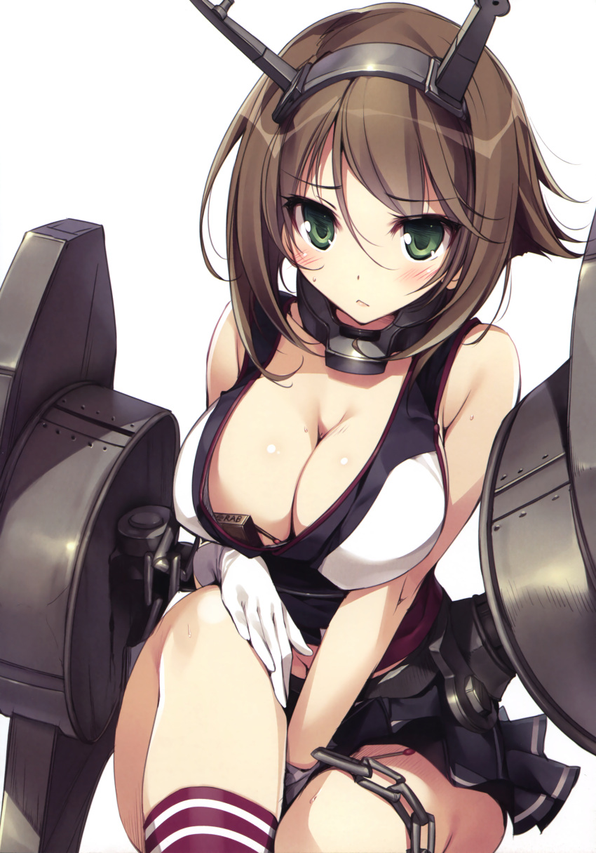 1girl, :<, absurdres, between_thighs, blush, breasts, brown_hair, cannon