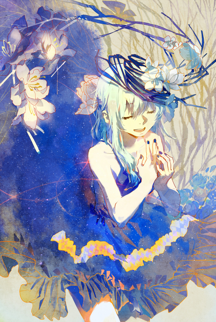 alternative_costume, blue_dress, blue_nails, blue_outfit, cathy_inaba, closed_eyes, dress, exposed_shoulders