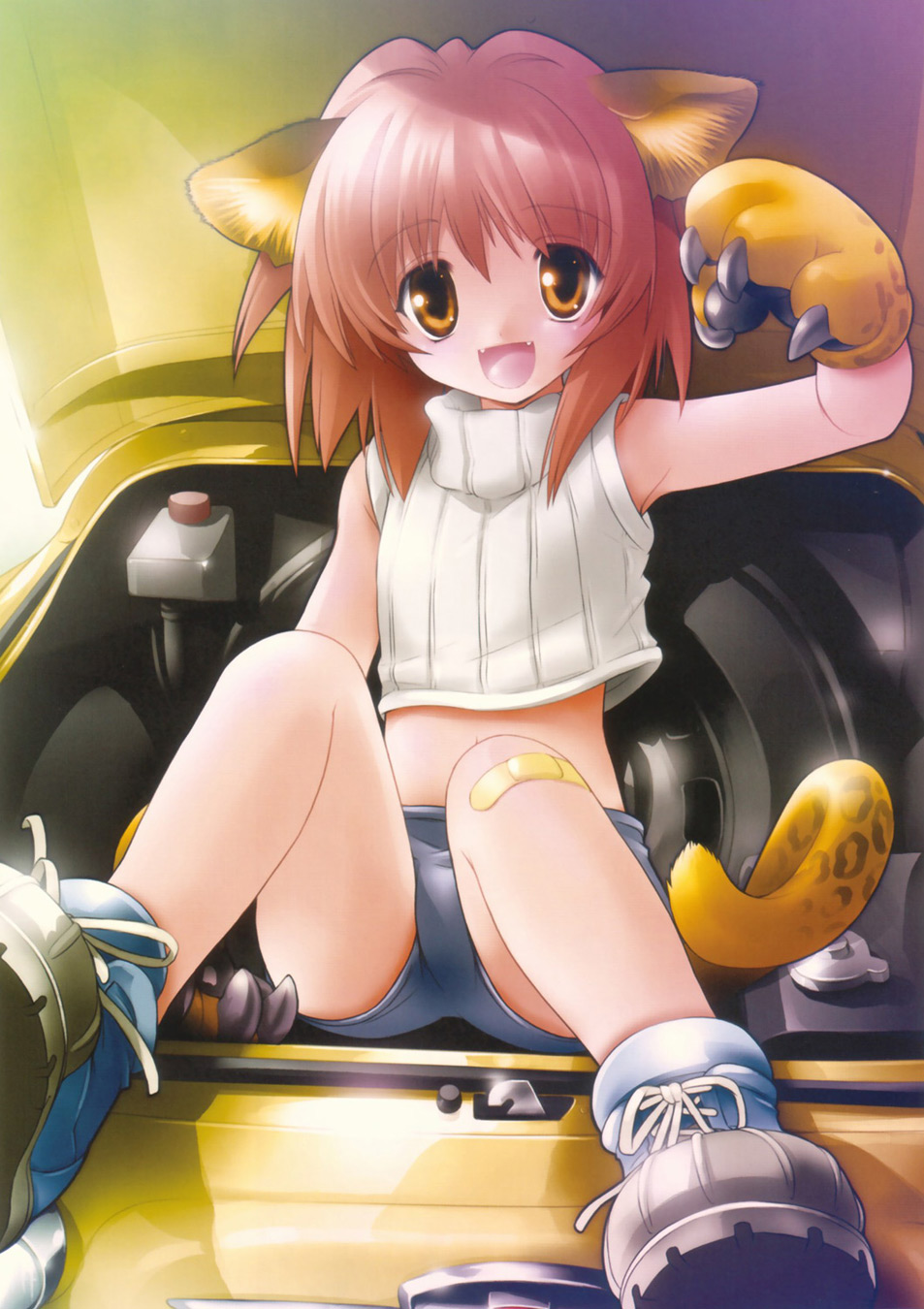 amber_eyes, bandaid, brown_eyes, brown_hair, car, cat_ears, catgirl, fang, fangs, gloves, highres, loli, motor_vehicle, nekomimi, oversized_paw_gloves, paws, redhead, short_hair, shorts, tail, tank_top, tennis_shoes, trunk, vehicle