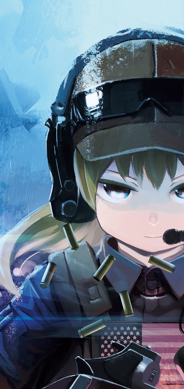 1girl, american_flag, battlefield_(series), battlefield_4, blonde_hair, brown_eyes, goggles, gun, headset, helmet, highres, long_hair, shell_casing, solo, syamo003, weapon