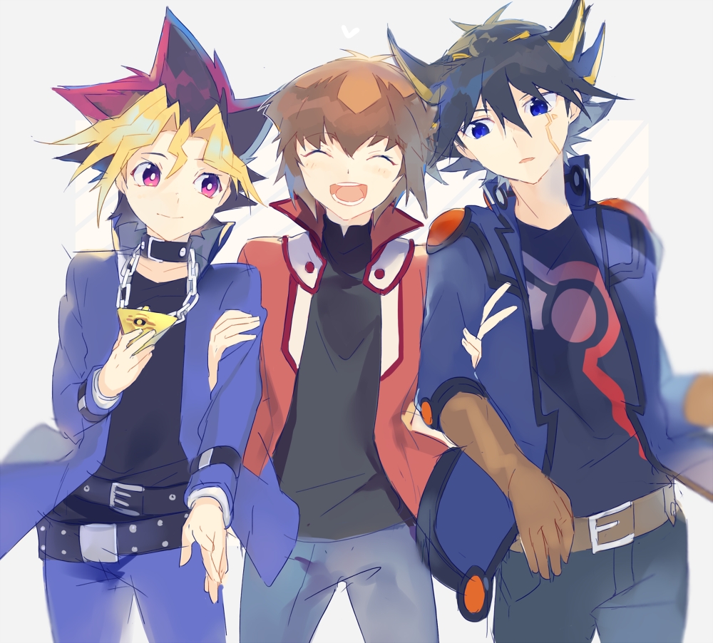 3boys, belt, black_hair, black_shirt, blue_eyes, blue_pants, brown_hair, choker, closed_eyes, coat, elbow_gloves, fudou_yuusei, gloves, gray_pants, heiwa_(murasiho), jewelry, locked_arms, male, millennium_puzzle, multicolored_hair, multiple_boys, mutou_yuugi, open_clothes, open_coat, open_mouth, pants, shirt, short_hair, spiky_hair, trio, violet_eyes, yu-gi-oh!, yu-gi-oh!_5d's, yu-gi-oh!_duel_monsters, yu-gi-oh!_gx, yuuki_juudai