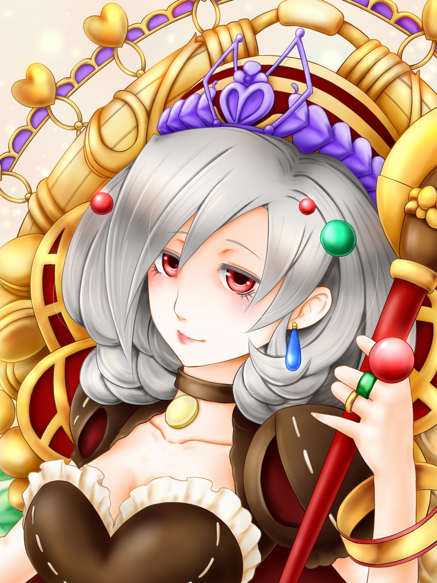 3:4_ratio, 900x1200_wallpaper, bracelet, choker, earrings, female, grey_hair, heart, high_resolution, jewelry, madolche_queen_tiaramisu, piercing, pixiv_id_276858, queen, red_eyes, ring, solo, wallpaper, yuu-gi-ou