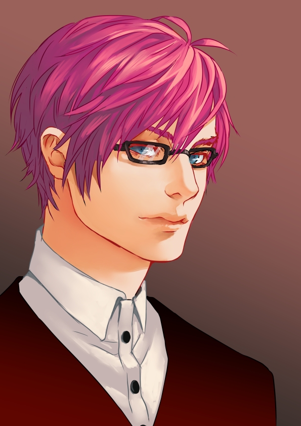 blue_eyes, jounetsunoakai, looking_at_viewer, male, glasses, original, pink_hair, short_hair, solo