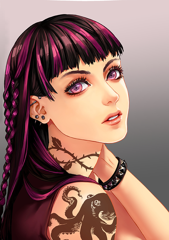 bracelet, female, jewelry, jounetsunoakai, multicolored_hair, open_mouth, original, piercing, pink_eyes, solo, spiked_bracelet, spikes, tattoo, two-tone_hair