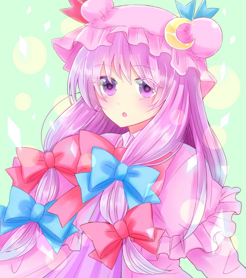 blush, bow, dress, female, frills, hat, high_resolution, long_hair, long_sleeves, mob_cap, moon_(symbol), open_mouth, patchouli_knowledge, pixiv_id_5281899, purple_hair, purple_outfit, touhou, violet_eyes, waist_up