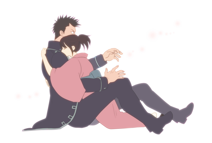 azu_sachiko, brown_hair, closed_eyes, couple, duo, female, gintama, high_ponytail, high_resolution, holding_close, hug, kondou_isao, light_background, male, ponytail, shimura_tae, shinsengumi_uniform_(gintama), short_hair, side_view, simple_background, spiky_hair, traditional_clothes, uniform, wafuku, white_background