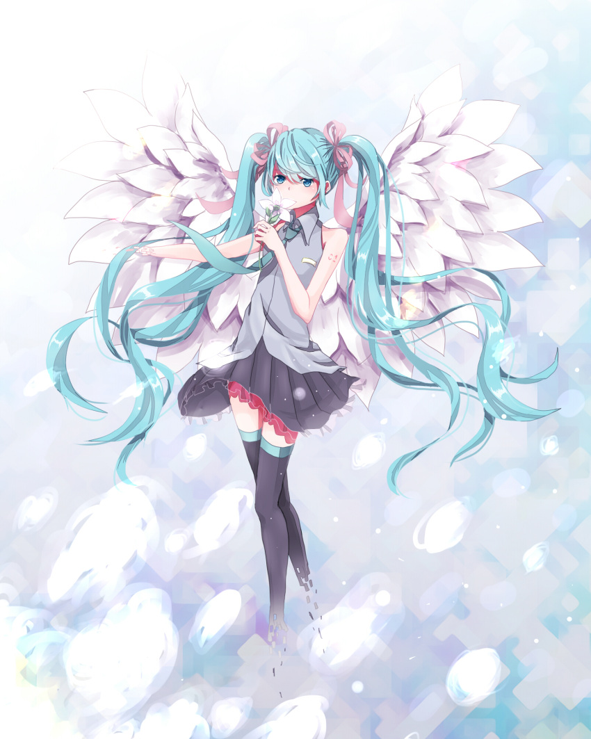 asymmetrical_bangs, bangs, black_skirt, blue_eyes, blue_hair, boots, covered_mouth, disappearing