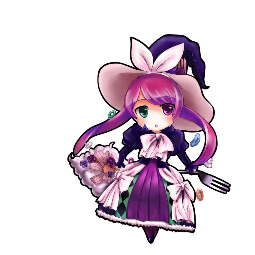 1:1_aspect_ratio, bow, dress, female, hat, heterochromia, high_resolution, light_background, long_hair, madolche_magileine, open_mouth, pixiv_id_5471989, purple_hair, silverware, simple_background, solo, white_background, witch, witch_hat, yuu-gi-ou
