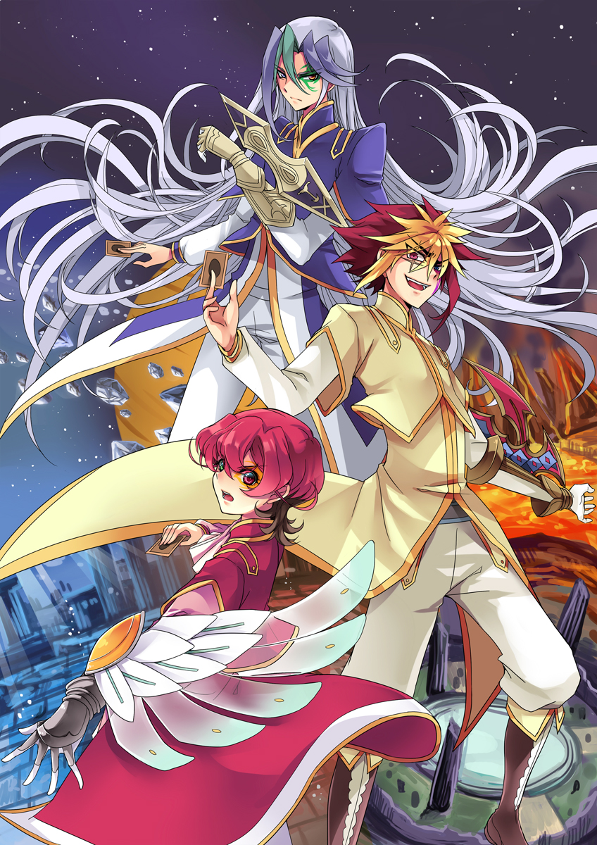 3boys, ascot, aw.h, brown_footwear, card, card_(object), city, duel_disk, european_clothes, frown, grey_hair, heterochromia, high_resolution, holding, holding_card, holding_object, iii_(yu-gi-oh!_zexal), iv_(yu-gi-oh!_zexal), long_hair, male, medium_hair, multicolored_hair, multiple_boys, night, open_mouth, pink_hair, planet, planet_jupiter, sky, star_(sky), traditional_clothes, trio, tron_family, two-tone_hair, v_(yu-gi-oh!_zexal), yu-gi-oh!, yu-gi-oh!_zexal