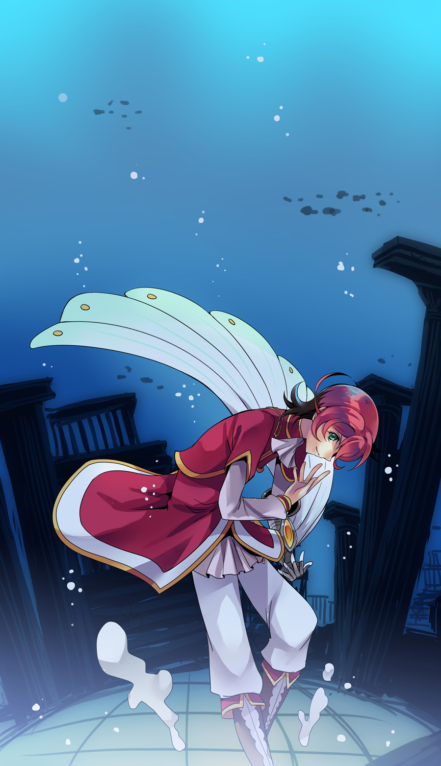 ascot, aw.h, brown_footwear, bubble, duel_disk, european_clothes, green_eyes, high_resolution, iii_(yu-gi-oh!_zexal), male, medium_hair, pink_hair, smile, solo, traditional_clothes, underwater, water, yu-gi-oh!, yu-gi-oh!_zexal