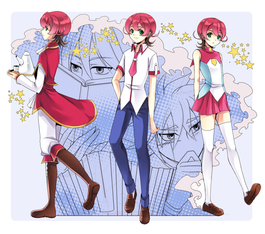 ascot, aw.h, blue_pants, blush, book, brown_footwear, cup, european_clothes, green_eyes, iii_(yu-gi-oh!_zexal), iv_(yu-gi-oh!_zexal), long_hair, male, medium_hair, multicolored_hair, multiple_persona, necktie, pants, pink_hair, school_uniform, shirt, skirt, smile, socks, star_(symbol), tea, teapot, traditional_clothes, tron_family, two-tone_hair, uniform, v_(yu-gi-oh!_zexal), white_shirt, yu-gi-oh!, yu-gi-oh!_zexal