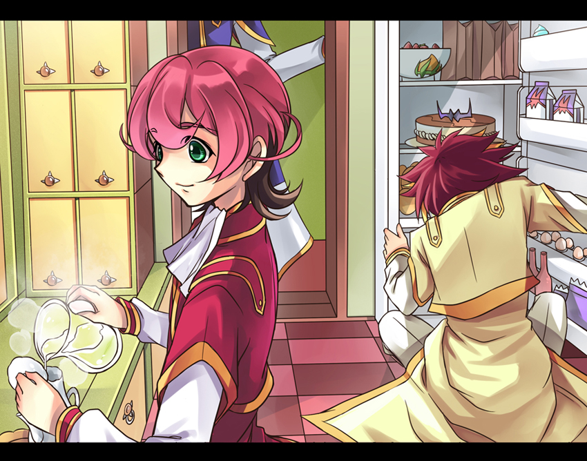 3boys, ascot, aw.h, back, cake, checkered, checkered_floor, egg